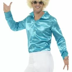 Camisa De Raso Azul Años 70 Para Hombre