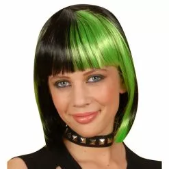 Peluca Negra Con Mechas Verdes para Mujer