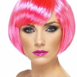 Peluca Rosa Neón Bob Con Flequillo