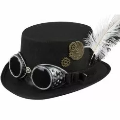 Sombrero Steampunk Negro Con Gafas Y Plumas Para Adulto